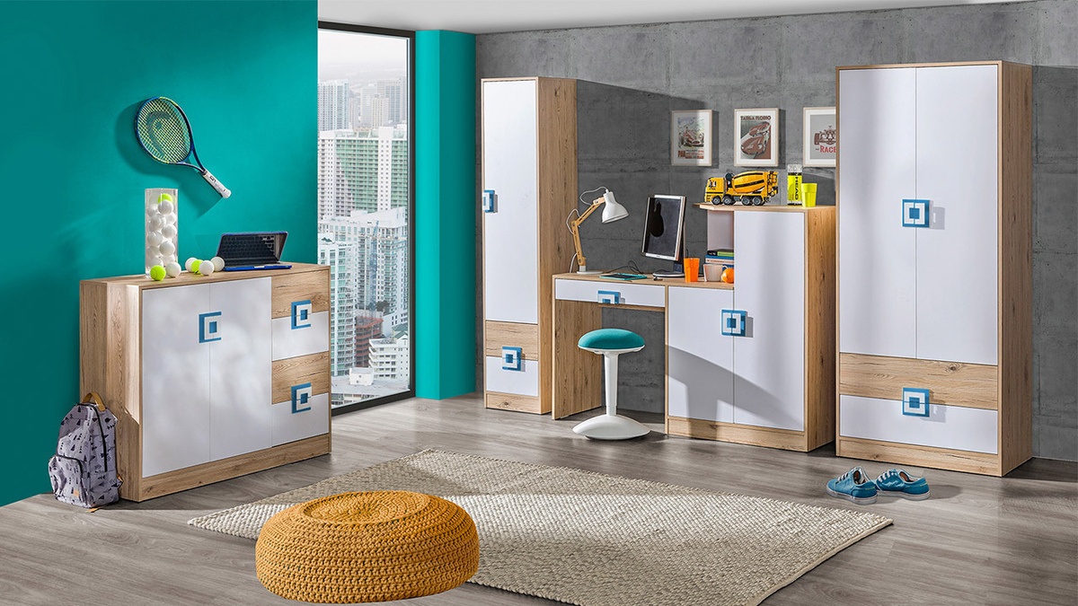 Gardróbszekrény Balvire 102 (Világos tölgy + Fehér + Türkiz)