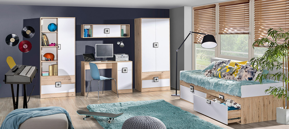 Gardróbszekrény Balvire 102 (Világos tölgy + Fehér + Türkiz)