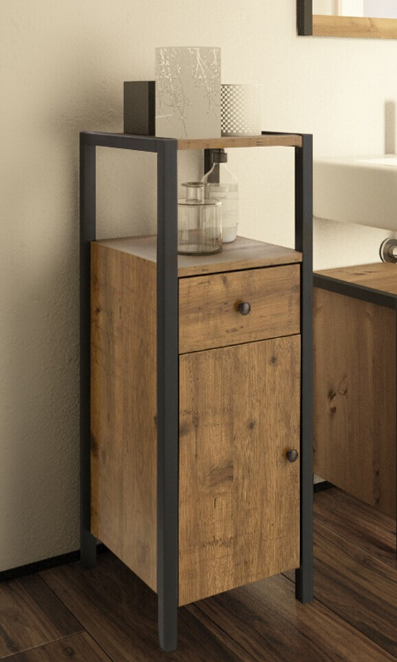 Álló fürdőszoba szekrény Larnovo 112 (Sötét tölgy + Fekete)