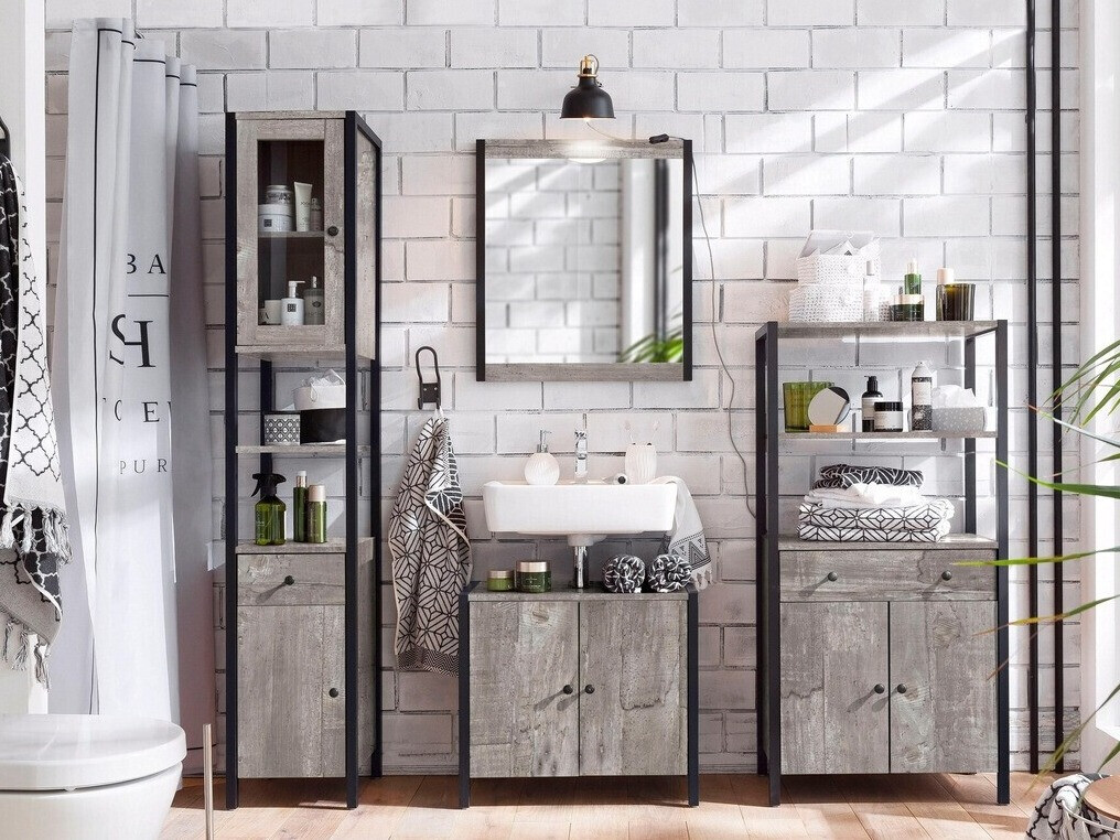 Fürdőszobai garnitúra Larnovo 117 (Szürke tölgy + Fekete)