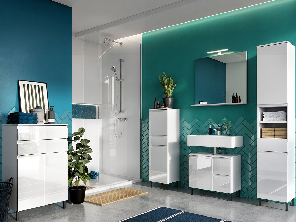 Álló fürdőszoba szekrény Talmira 104 (Fehér + Fényes fehér)