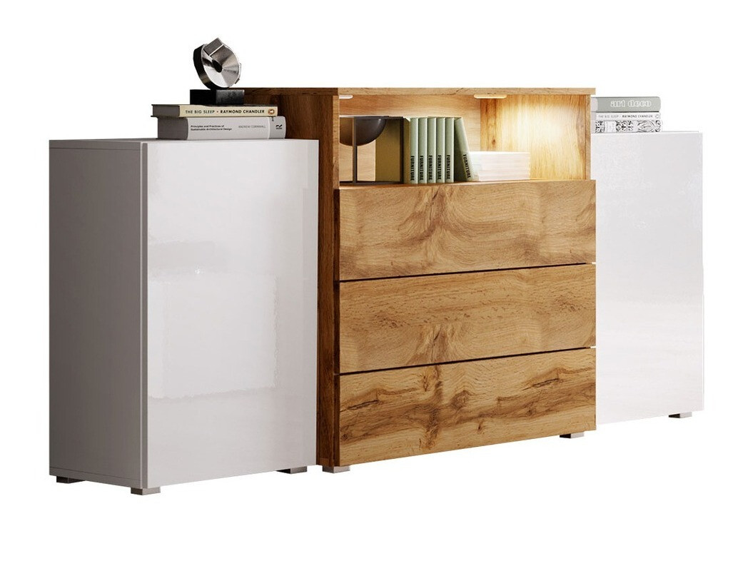 Komód Sarasota 127 (Fehér + Fényes fehér + Wotan tölgy)