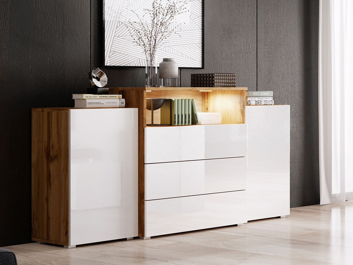 Komód Sarasota 127 (Wotan tölgy + Fényes fehér)
