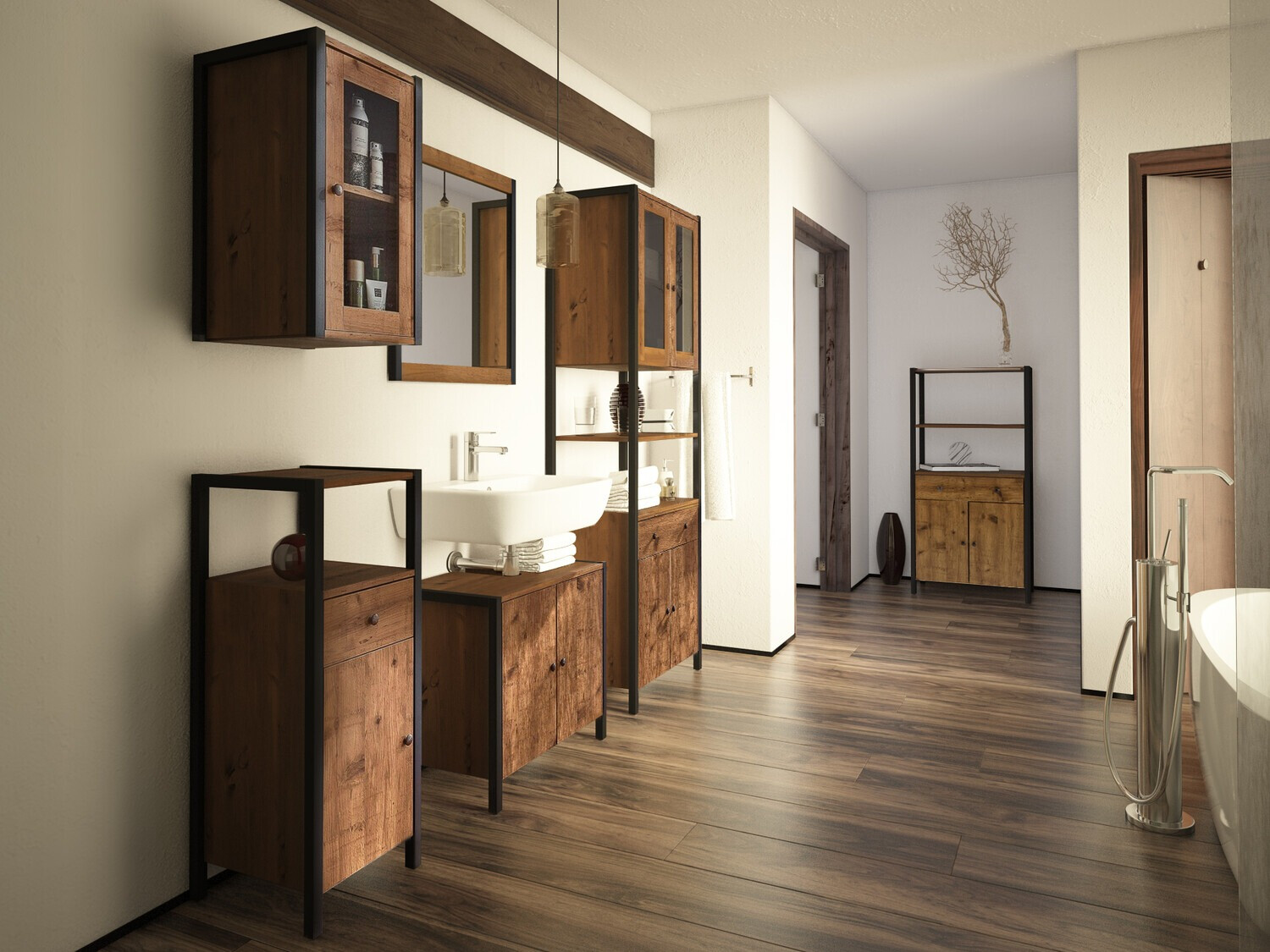 Álló fürdőszoba szekrény Larnovo 112 (Sötét tölgy + Fekete)