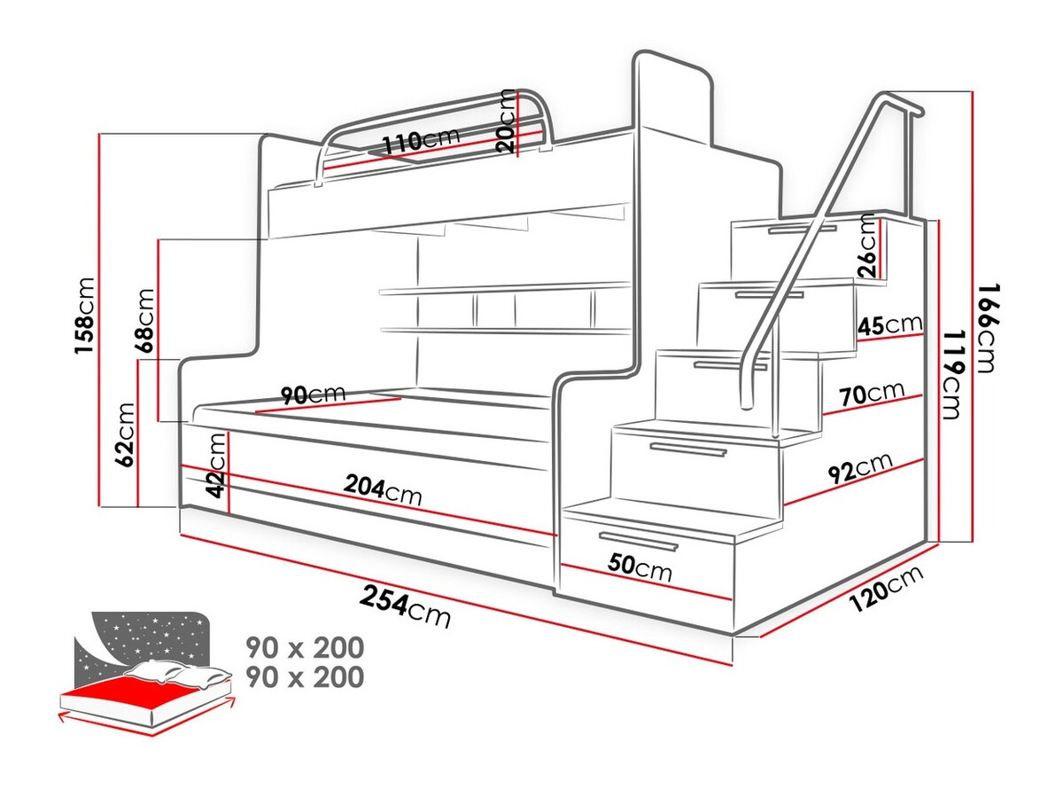 Emeletes ágy Campus (Fehér + Fényes fehér + Fényes szürke)