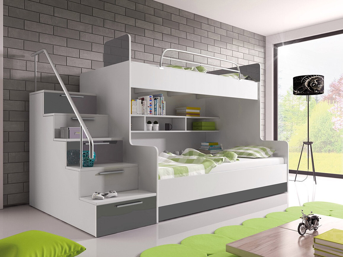 Emeletes ágy Salmere 111 (Fehér + Fényes fehér + Fényes szürke)