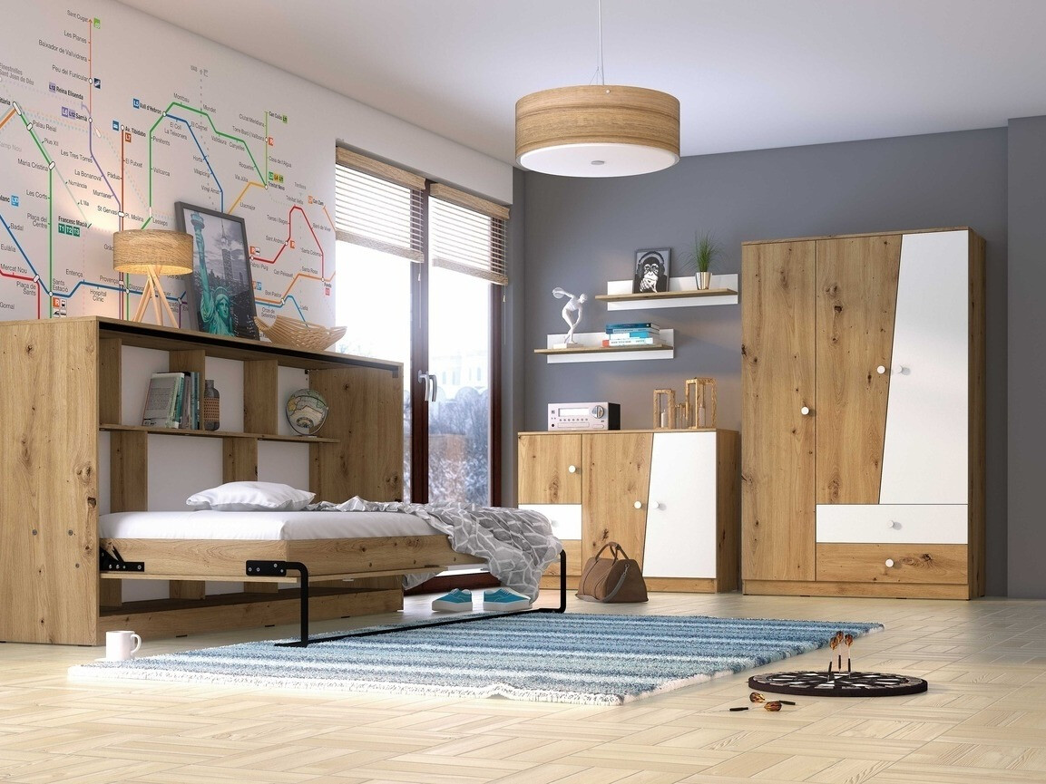 Szekrényágy Mirelbu 114 (Artisan tölgy + Fehér + Szürke)