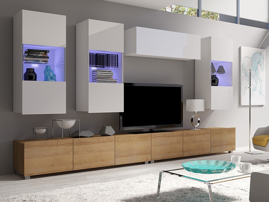 Nappali szett Tivdalu 121 (Arany tölgy + Fehér + Fényes fehér)