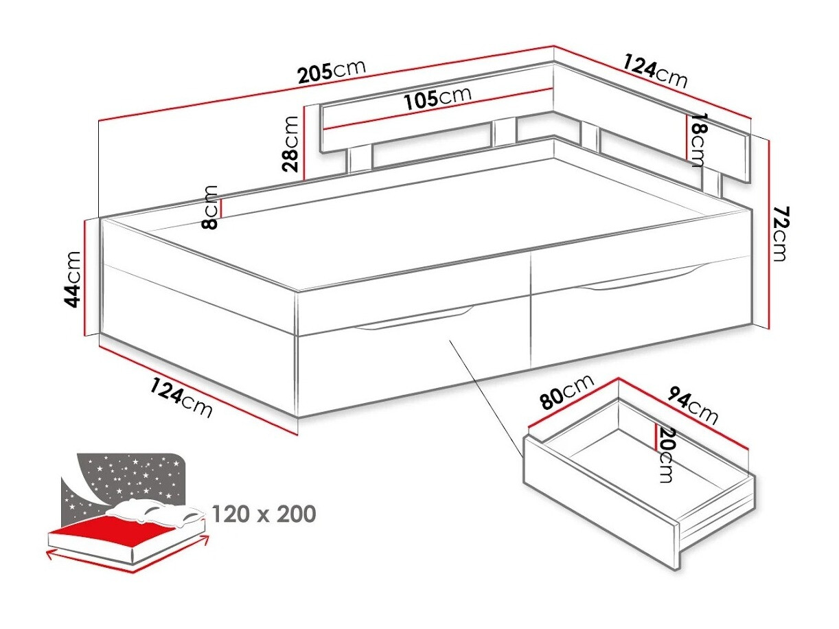 Ágy Omaha J115 (Beton + Fehér + Tölgy)