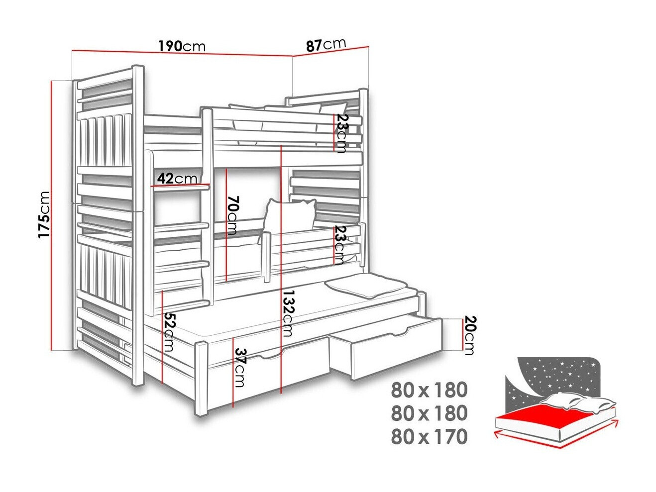 Emeletes ágy Henderson 123 (Grafit + Szürke)