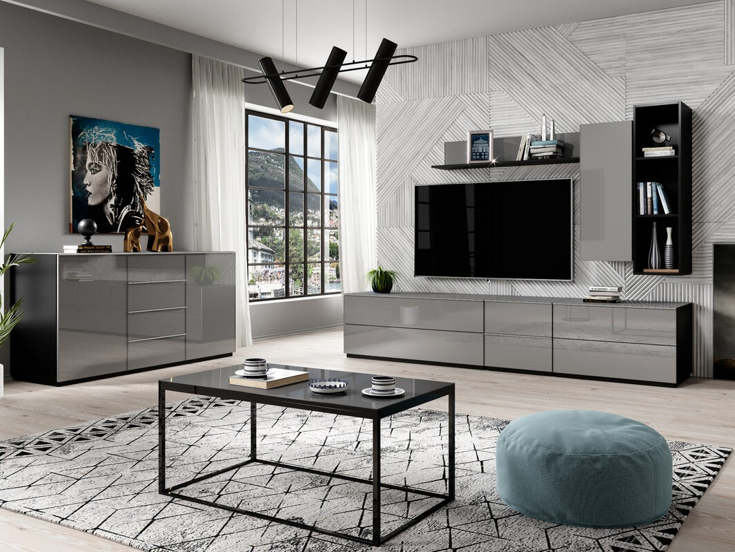 Fali szekrény Fervese 105 (Fekete + Fényes szürke)