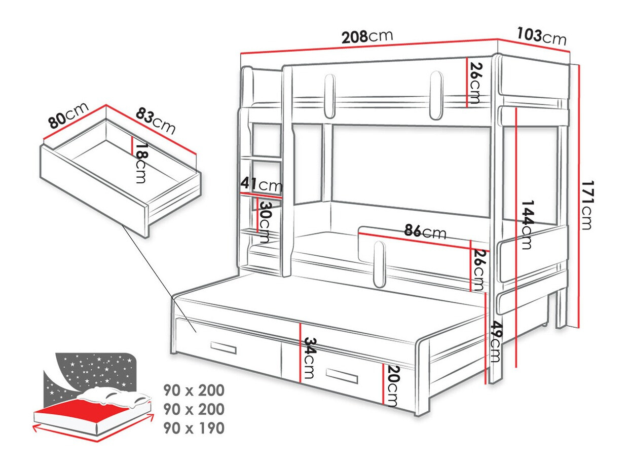 Emeletes ágy Henderson 146 (Fehér + Tölgy)