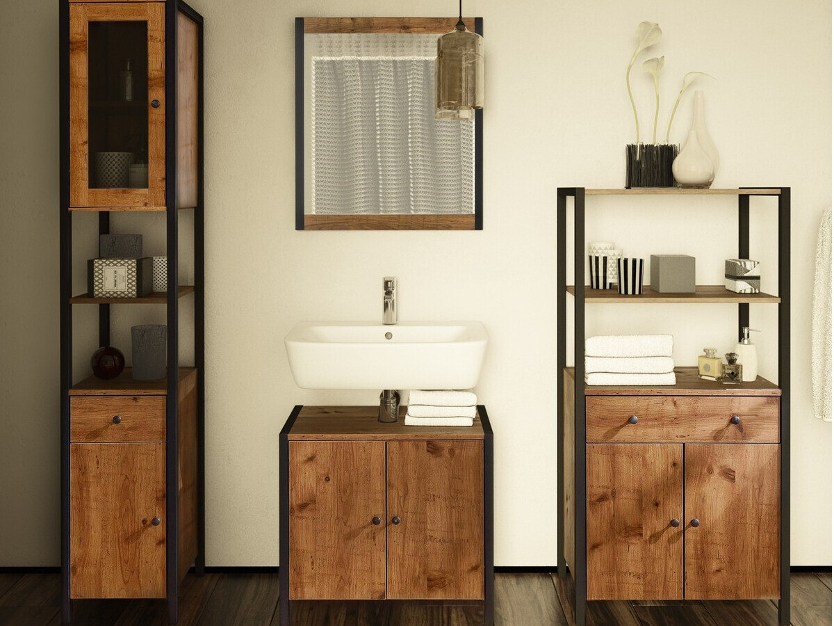 Álló fürdőszoba szekrény Larnovo 110 (Sötét tölgy + Fekete)