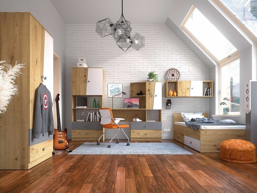 Íróasztal Mirelbu 110 (Artisan tölgy + Fényes fehér + Fényes szürke)