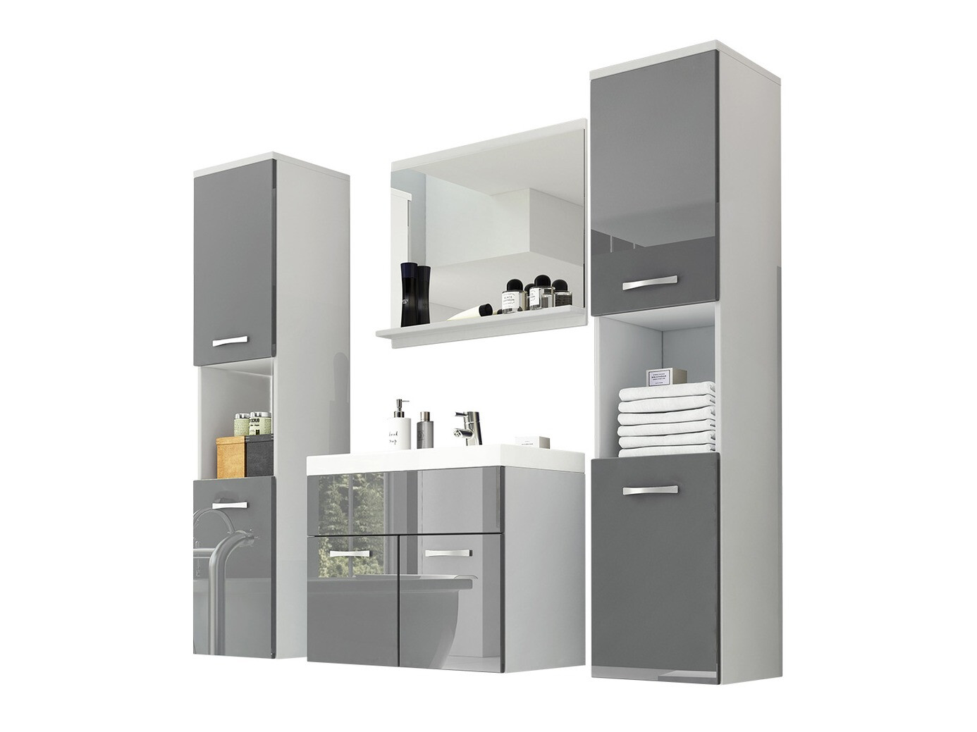 Fürdőszoba garnitúra Sarasota 123 (Fehér + Fényes szürke)