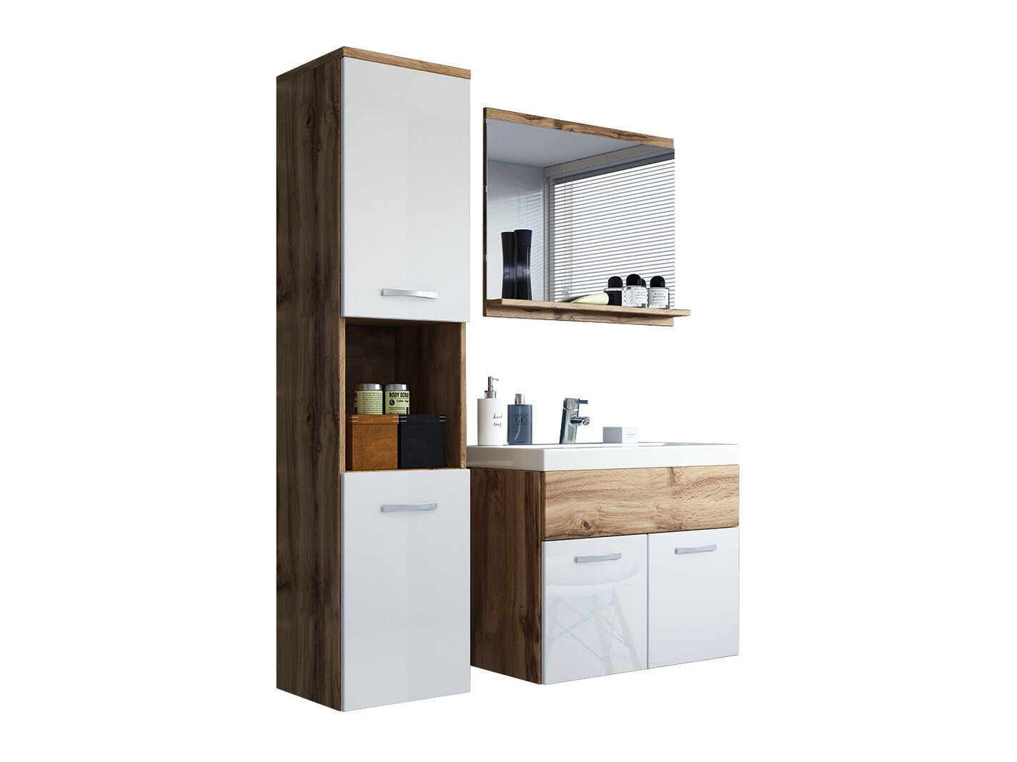 Fürdőszobai garnitúra Sarasota 122 (Wotan tölgy + Fényes fehér)