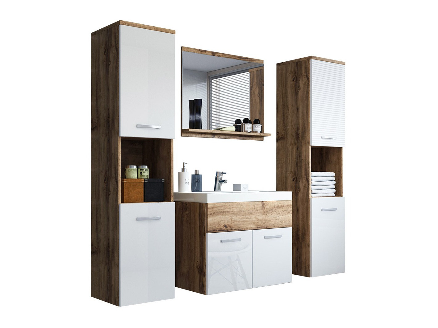 Fürdőszobai garnitúra Sarasota 123 (Wotan tölgy + Fényes fehér)