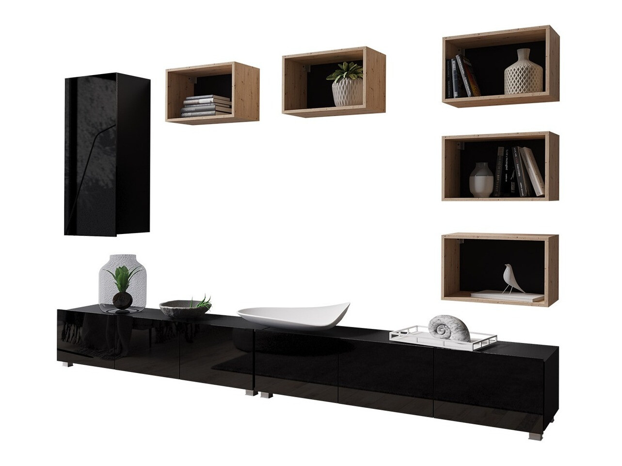 Nappali szett Tivdalu 157 (Fekete + Fényes fekete + Artisan tölgy)