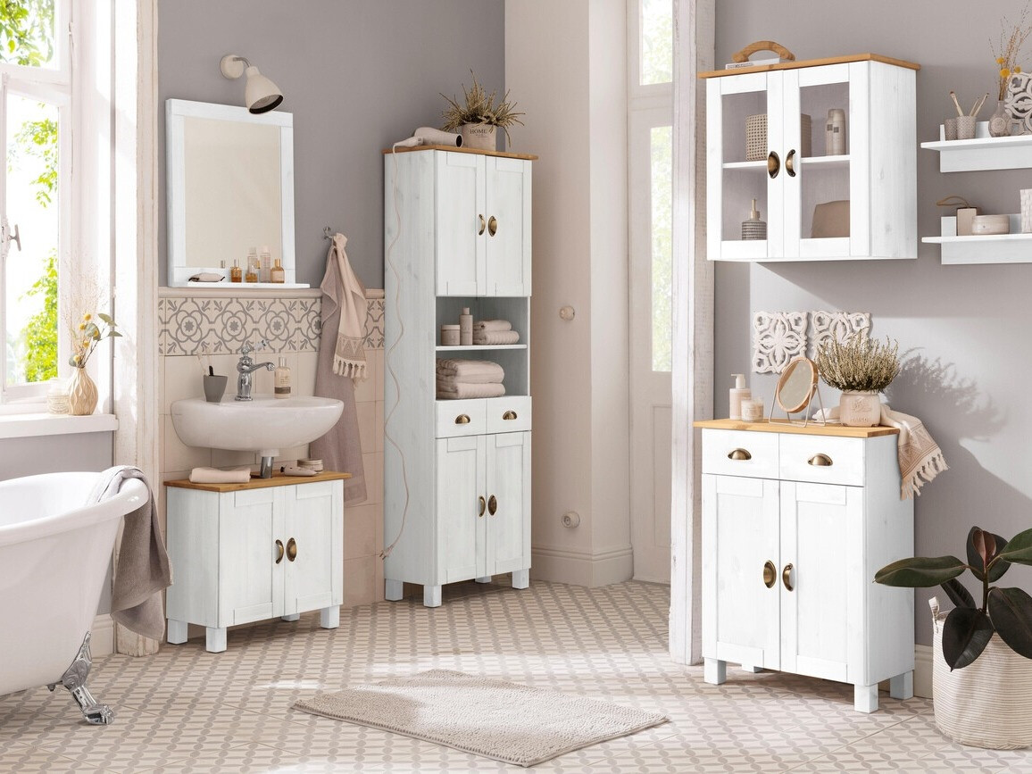 Álló fürdőszoba szekrény Serelbu 104 (Fehér + Világosbarna)