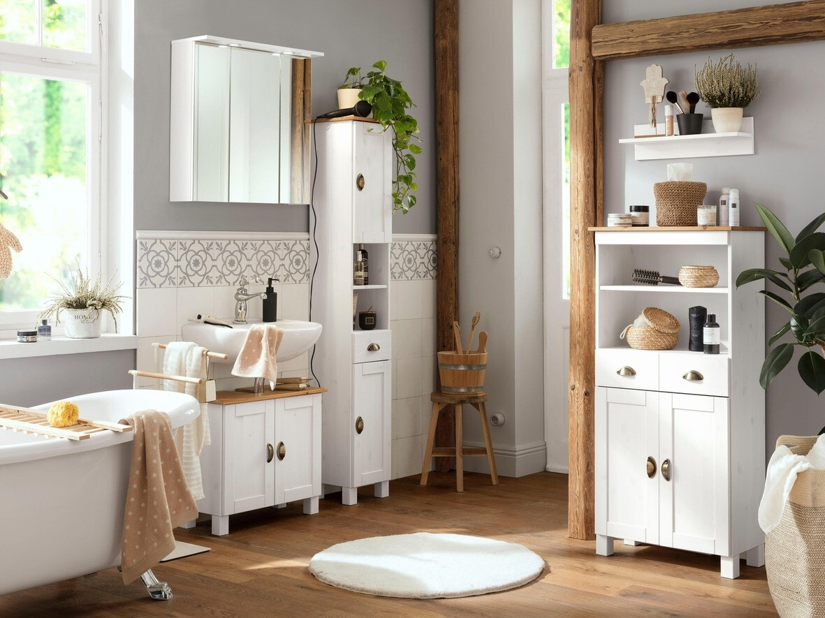 Álló fürdőszoba szekrény Serelbu 105 (Fehér + Világosbarna)