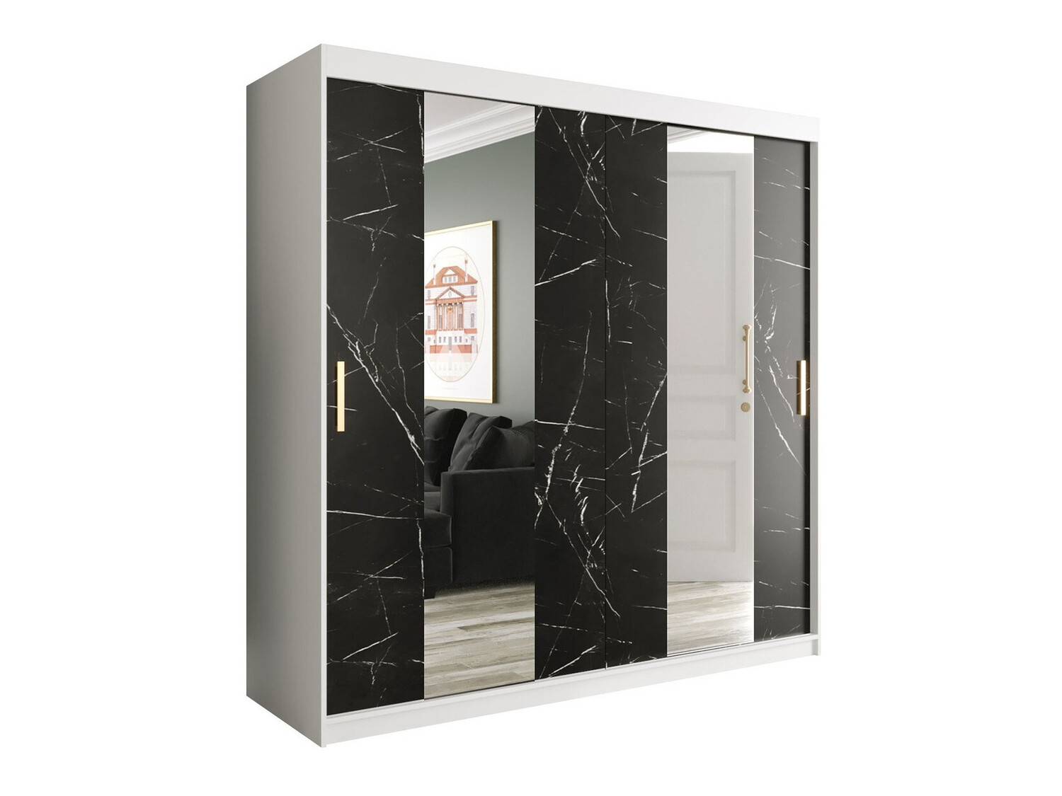 Gardróbszekrény Hartford 244 (Matt fehér + Fekete márvány)