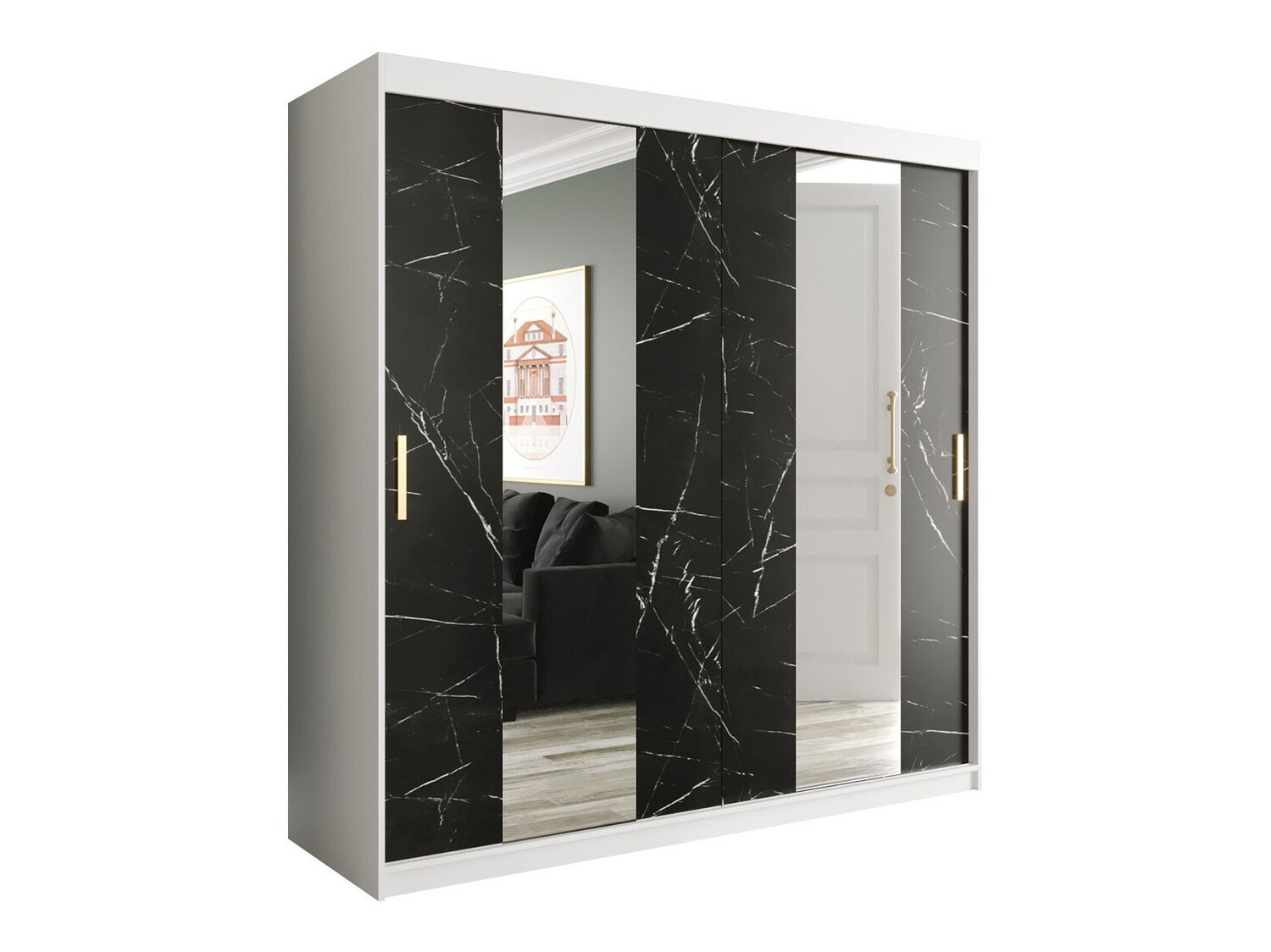 Gardróbszekrény Hartford 244 (Matt fehér + Fekete márvány)