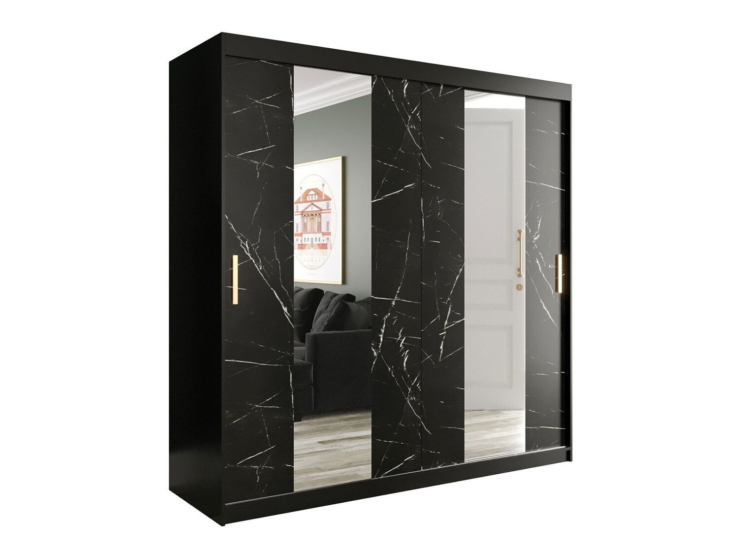 Gardróbszekrény Hartford 244 (Matt fekete + Fekete márvány)