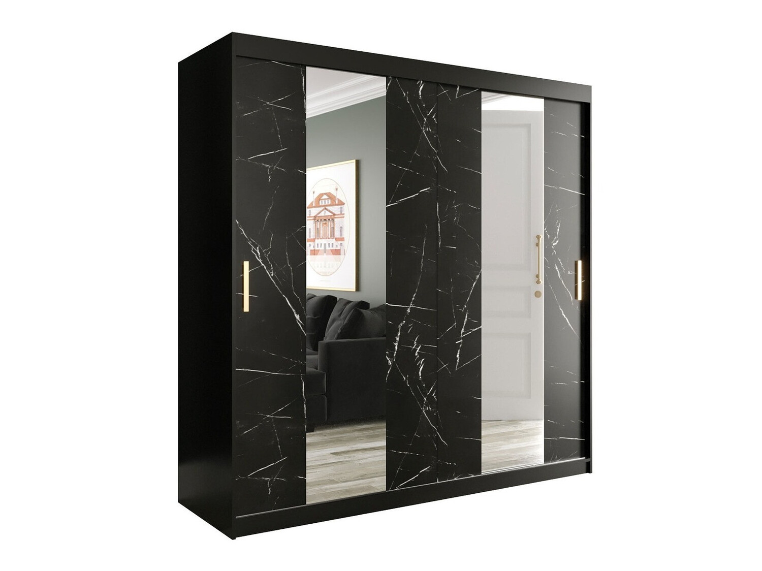 Gardróbszekrény Hartford 244 (Matt fekete + Fekete márvány)