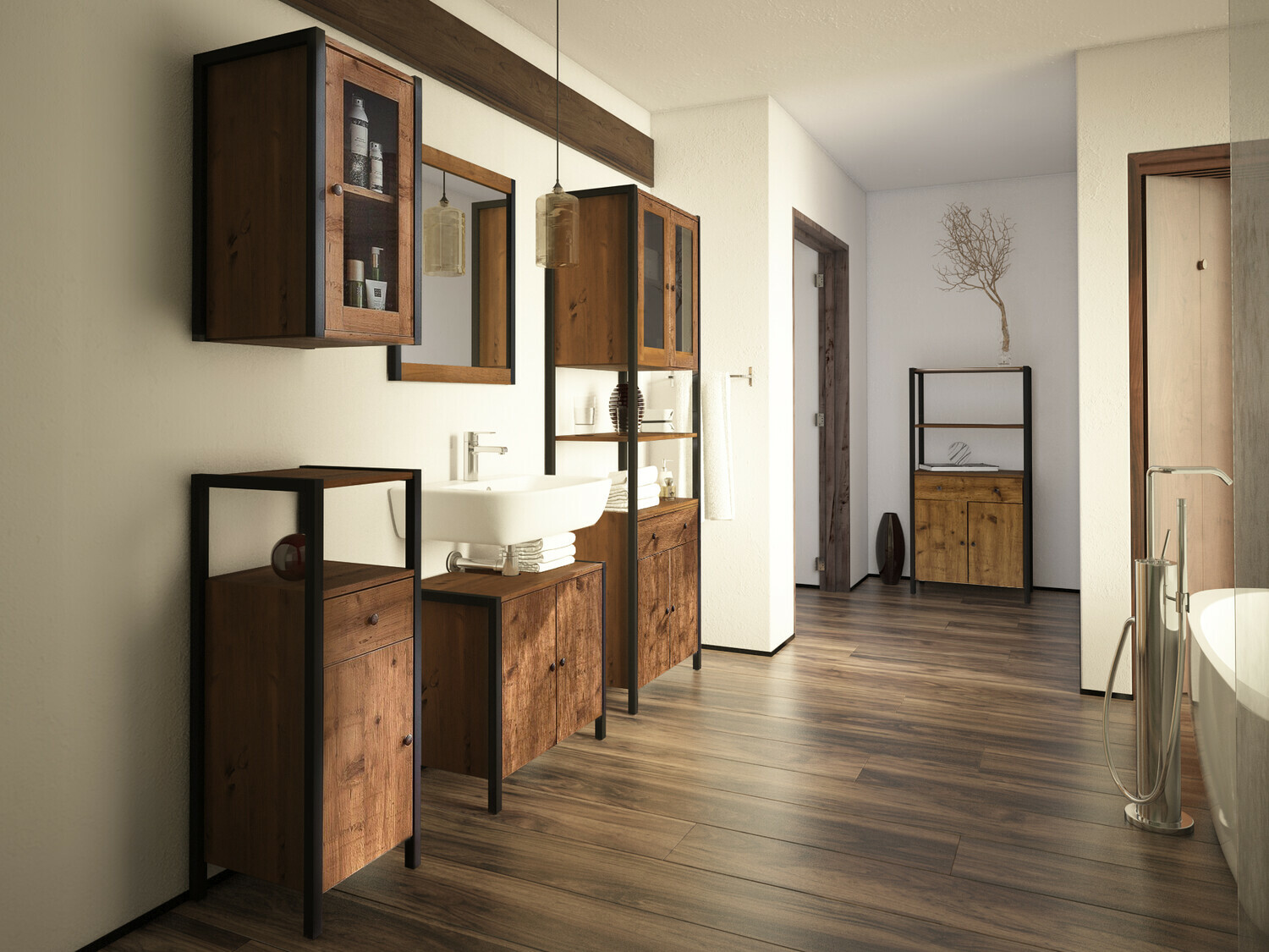 Mosdó alatti álló szekrény Larnovo 113 (Sötét tölgy + Fekete)