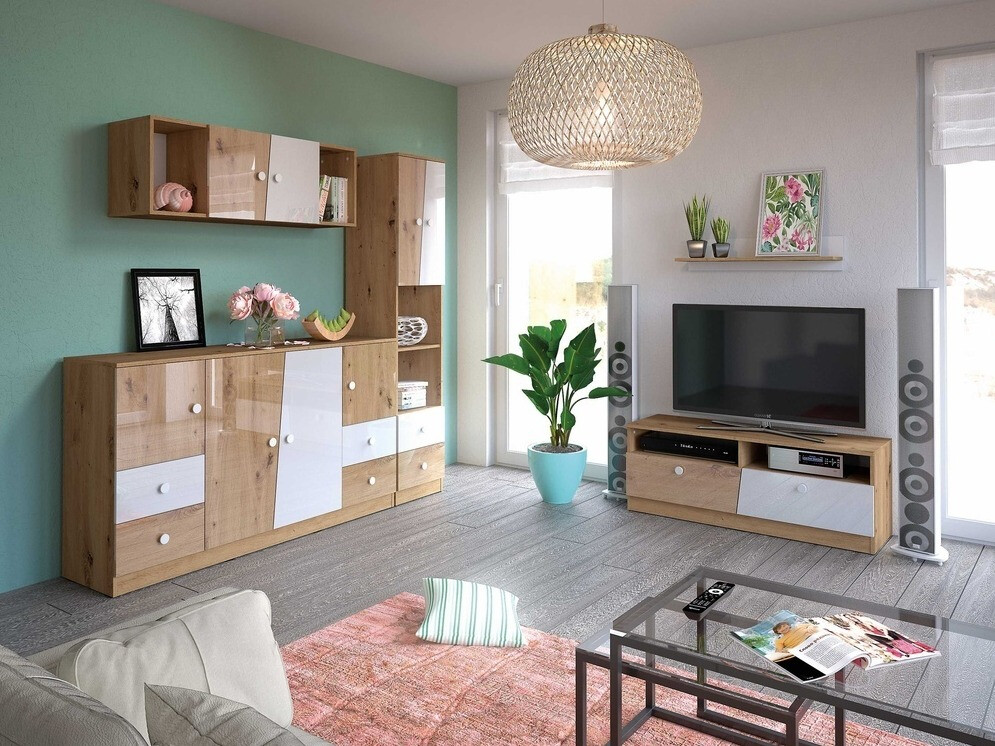 TV-állvány Mirelbu 107 (Artisan tölgy + Fényes fehér + Szürke)