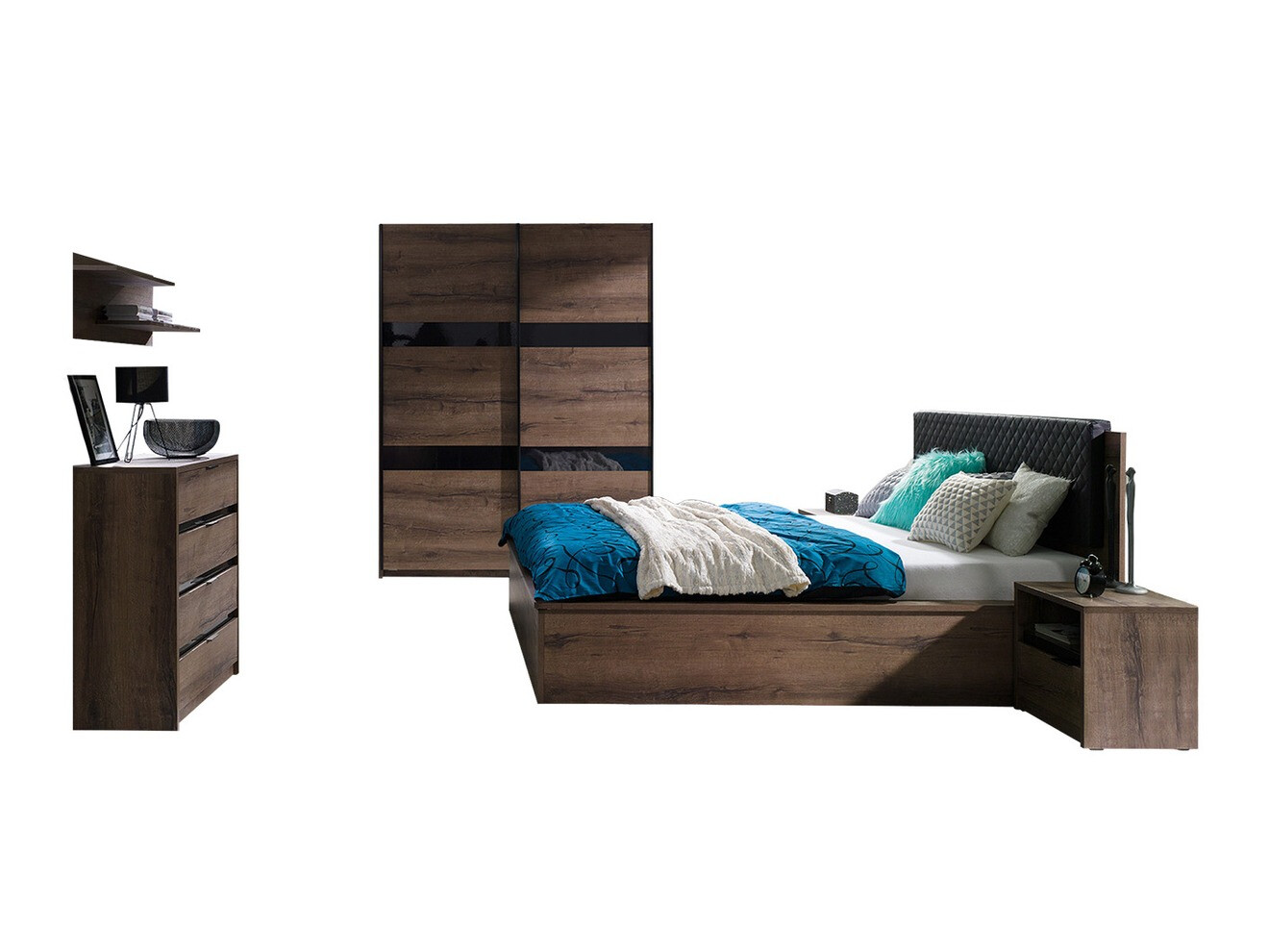 Hálószoba garnitúra Fivelbo 121 (Monastery tölgy + Fényes fekete)