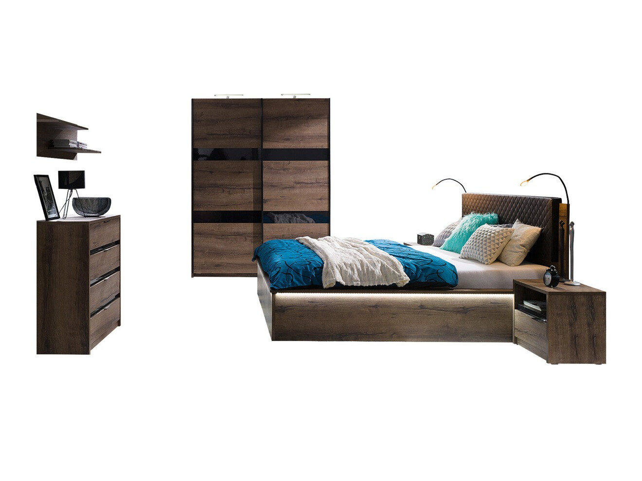 Hálószoba garnitúra Fivelbo 121 (Monastery tölgy + Fényes fekete)