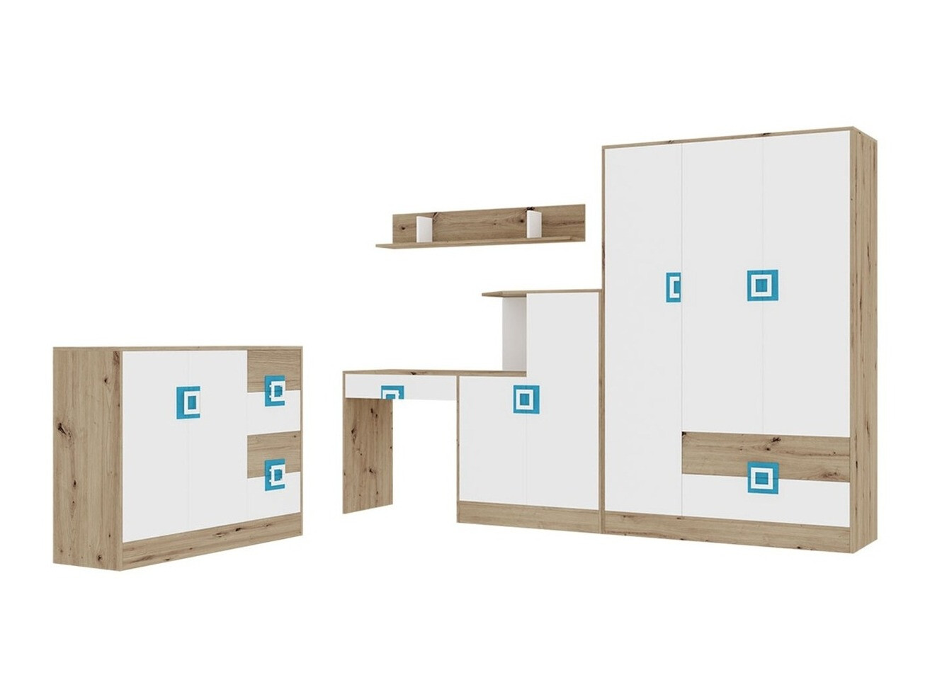 Bútorkészlet Tolfere 107 (Világos tölgy + Fehér + Türkiz)