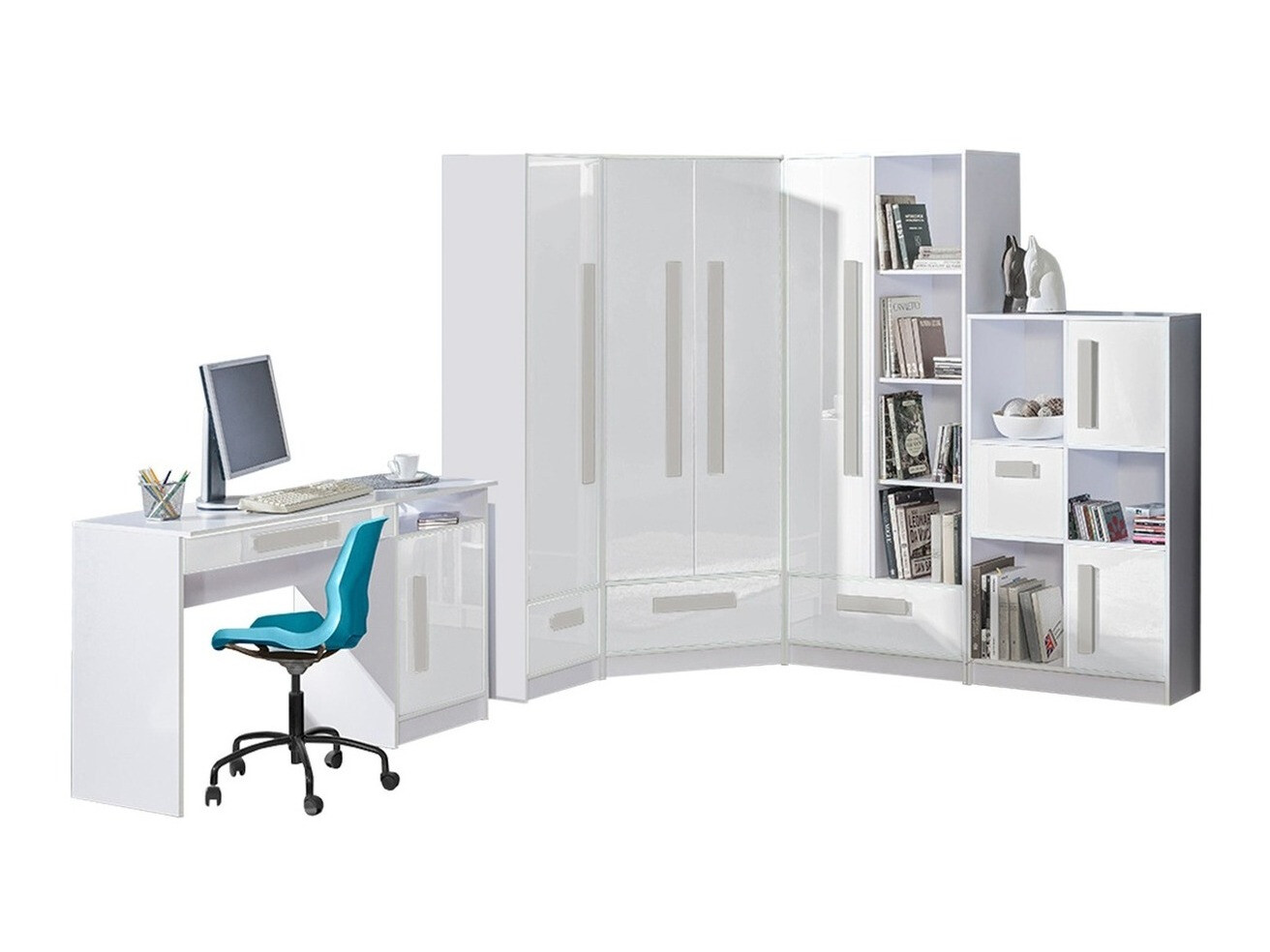 Gyerekszoba garnitúra Merevari 107 (Fehér + Fényes fehér + Szürke)