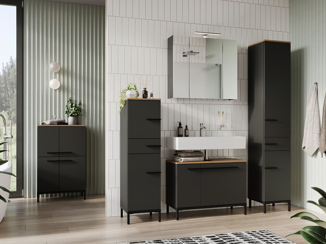 Álló fürdőszoba szekrény Ruvlevu 101 (Grafit + Navarra tölgy)