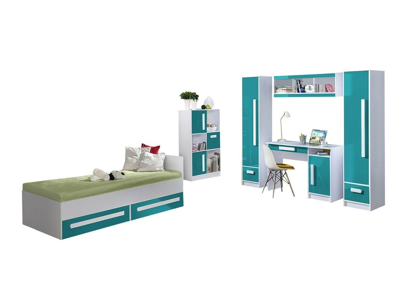 Gyerekszoba garnitúra Merevari 108 (Fehér + Fényes Türkiz)