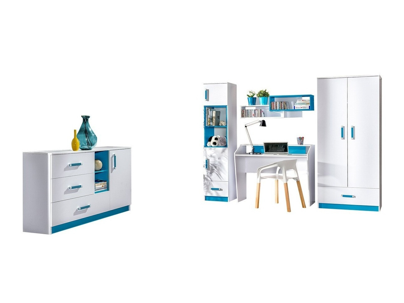 Gyerekszoba garnitúra Sorviru 107 (Fehér + Türkiz)