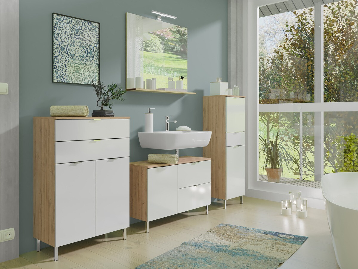 Álló fürdőszoba szekrény Lomcamo 102 (Fényes fehér + Grandson tölgy)