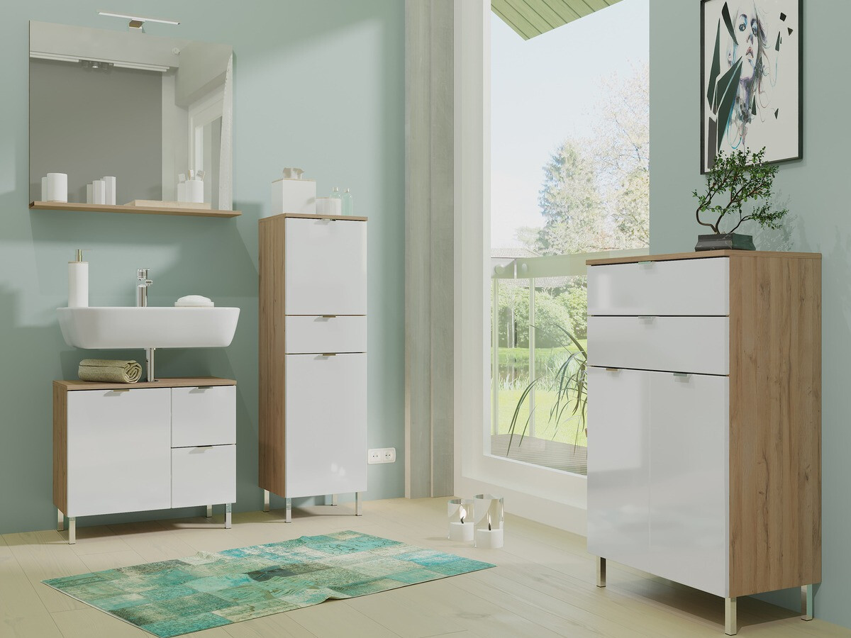 Álló fürdőszoba szekrény Lomcamo 102 (Fényes fehér + Grandson tölgy)
