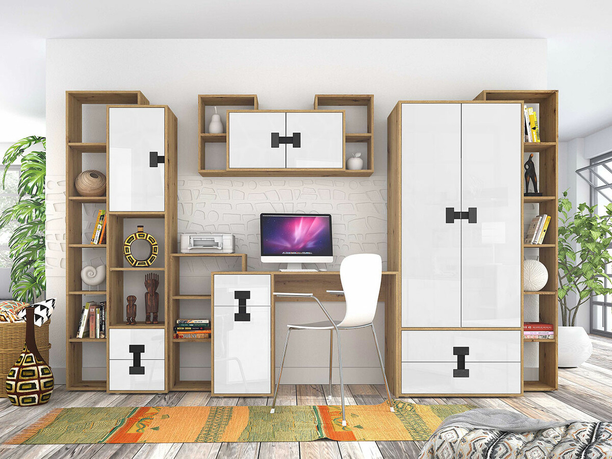 Gardróbszekrény Florevi 113 (Fényes fehér + Artisan tölgy)