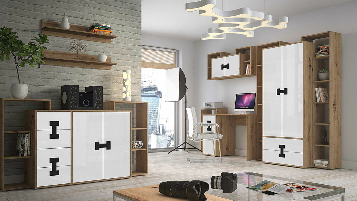 Gardróbszekrény Florevi 113 (Fényes fehér + Artisan tölgy)