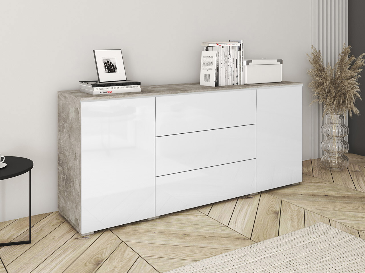 Komód Mirfivo 102 (Beton + Fényes fehér)