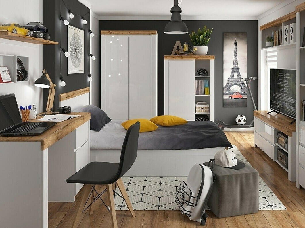 Gardróbszekrény Sonsoru 110 (Fehér + Fényes fehér + Wotan tölgy)