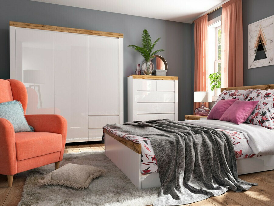 Gardróbszekrény Sonsoru 120 (Fehér + Fényes fehér + Wotan tölgy)