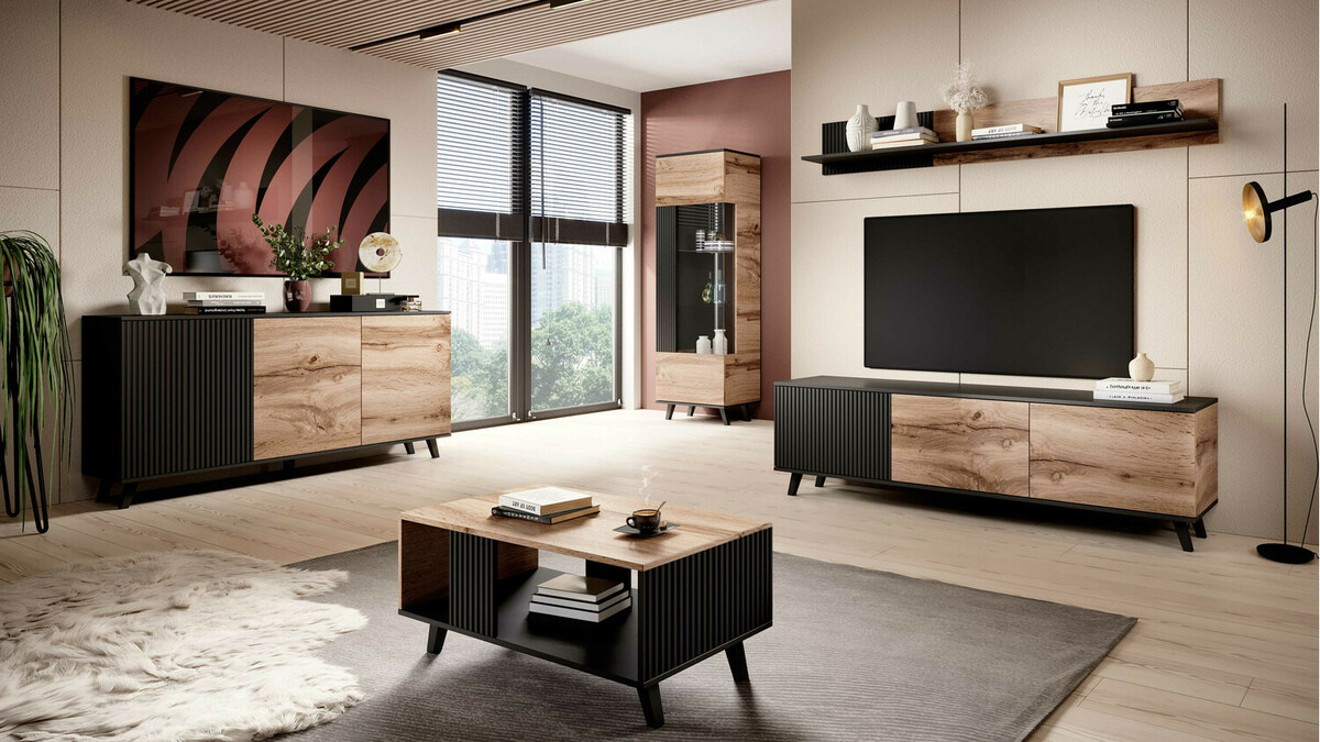 TV-állvány Luelia 115 (Fekete + Wotan tölgy)