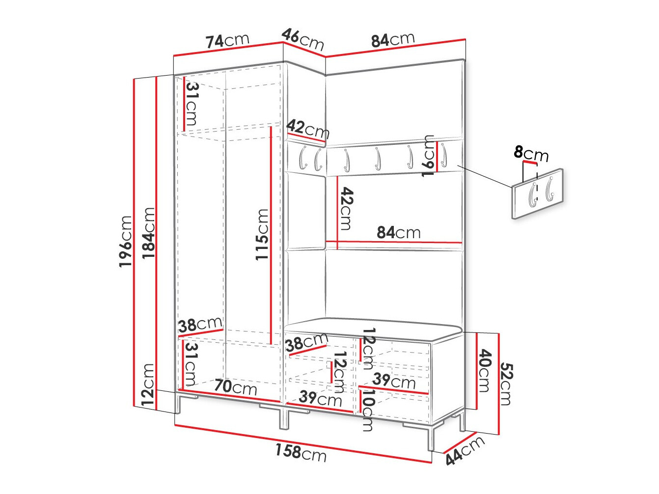 Előszoba garnitúra Tivsoa 107 (Fekete)
