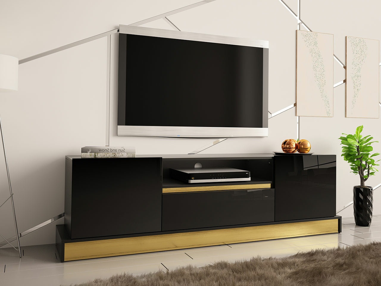 TV-állvány Merced 106 (Fekete + Fényes fekete + Aranysárga)