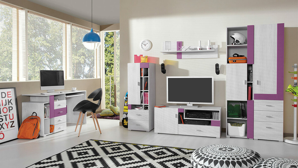 Gyerekszoba garnitúra Omaha D145 (Lila + Fehérített fenyő)