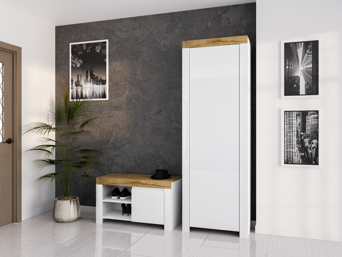 Gardróbszekrény Sonsoru 117 (Fehér + Fényes fehér + Wotan tölgy)