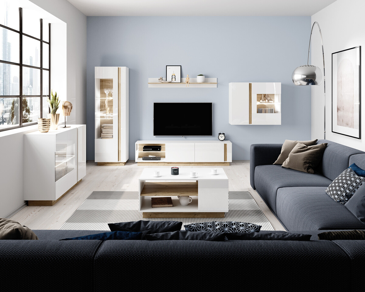 TV-állvány Novbela 108 (Fehér + Fényes fehér + Grandson tölgy)